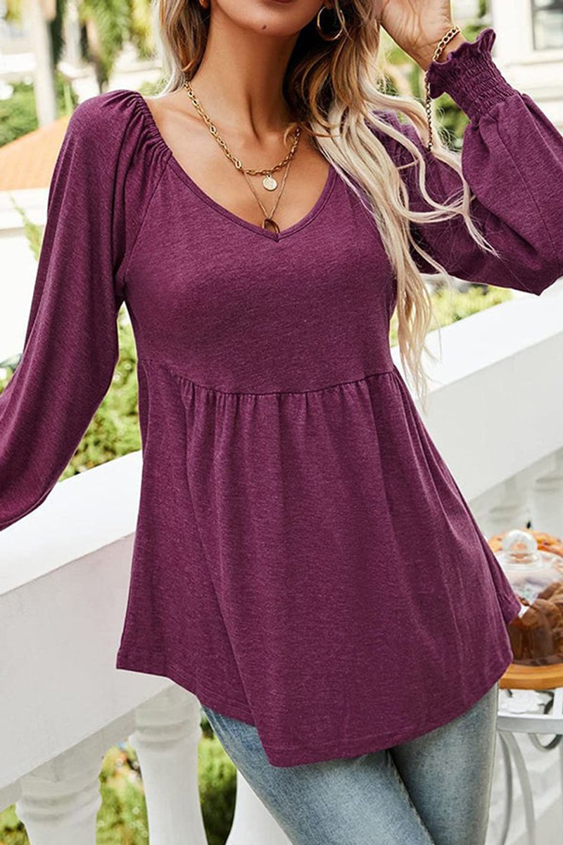 Freya | Women's V-Neck Babydoll Long-Sleeve Smocked-Cuff Tunic