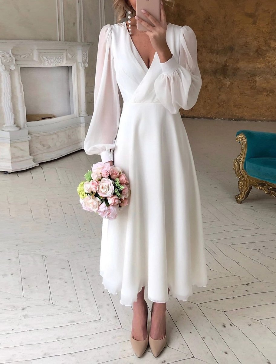 Evelyn | Women's V-Neck Puff Sleeve Long Sleeve Dress Midi Bridal