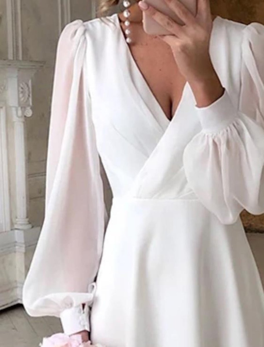 Evelyn | Women's V-Neck Puff Sleeve Long Sleeve Dress Midi Bridal