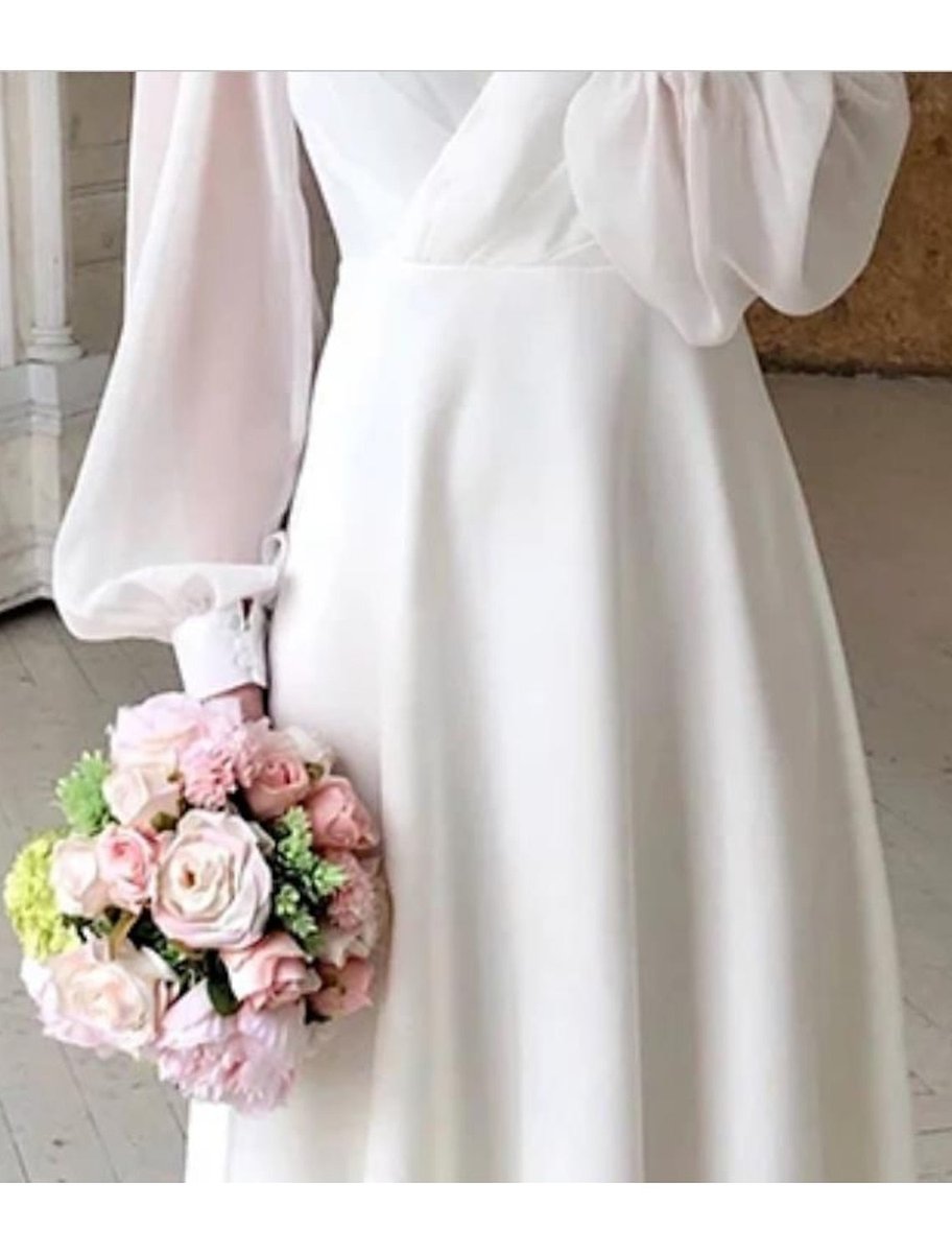 Evelyn | Women's V-Neck Puff Sleeve Long Sleeve Dress Midi Bridal