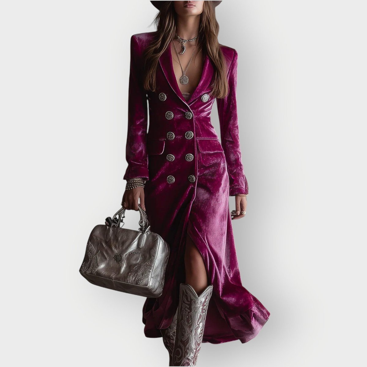 Evelyn | Women's Velvet Double-Breasted Maxi Formal Dresses Long Sleeve