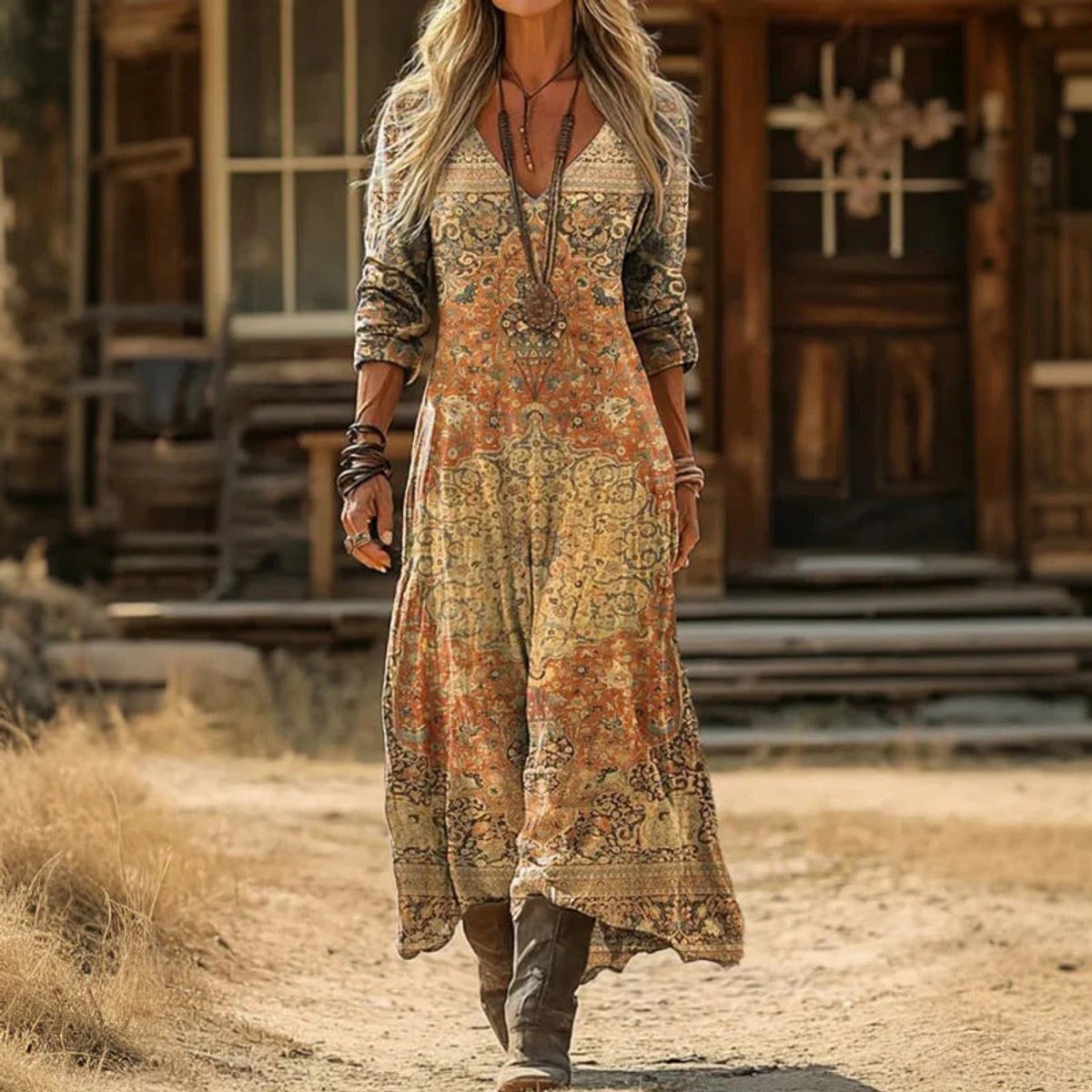 Aria | Women's Vintage-Print V-Neck Long Sleeve Dress Relaxed Maxi Fit