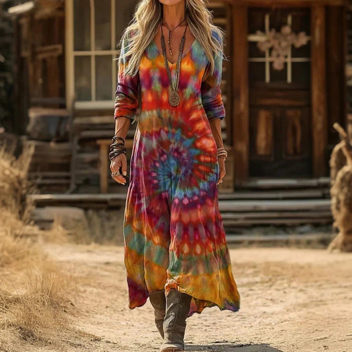 Aria | Women's Vintage-Print V-Neck Long Sleeve Dress Relaxed Maxi Fit