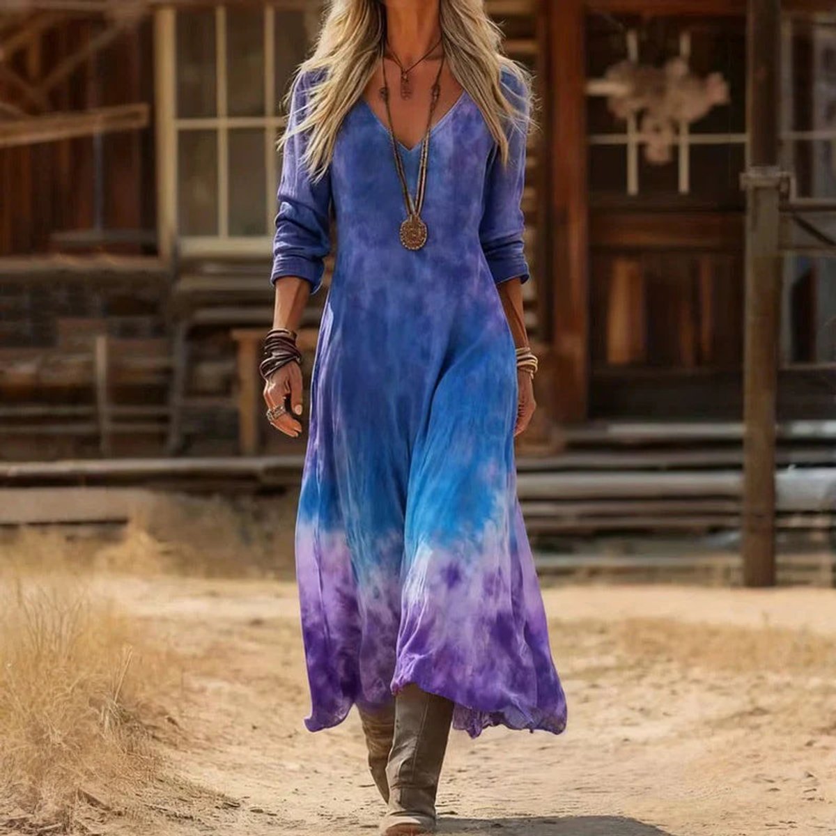Aria | Women's Vintage-Print V-Neck Long Sleeve Dress Relaxed Maxi Fit