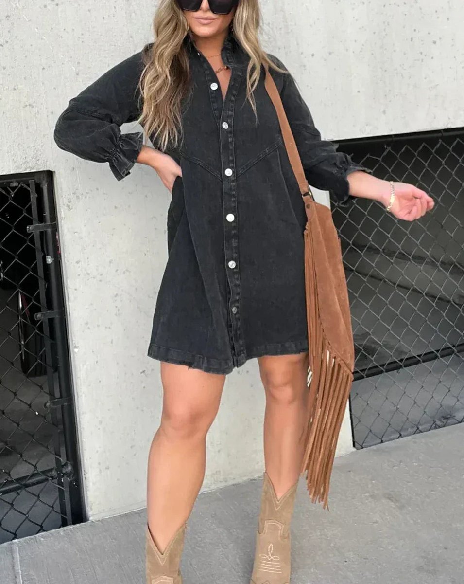 Ivy | Women's Washed Denim Button-Down Mini Party Dress Ruffle Sleeves