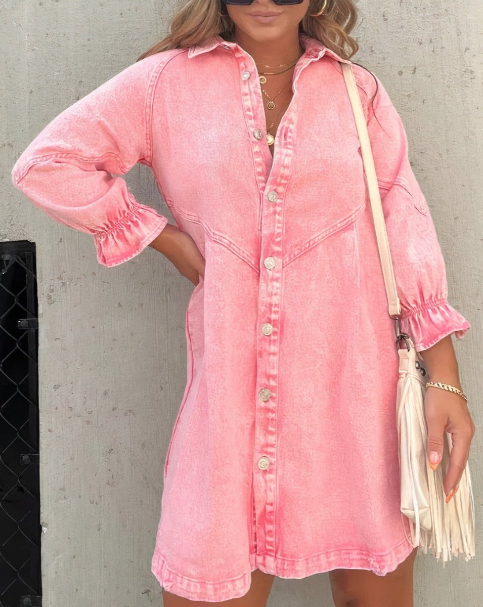 Ivy | Women's Washed Denim Button-Down Mini Party Dress Ruffle Sleeves