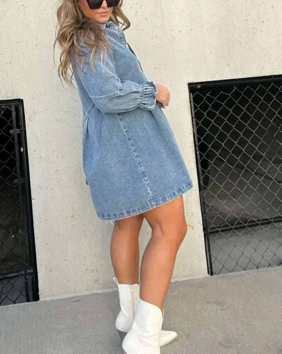 Ivy | Women's Washed Denim Button-Down Mini Party Dress Ruffle Sleeves