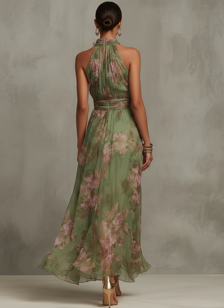 Women's Wedding Guest Floral Halter Maxi Dress