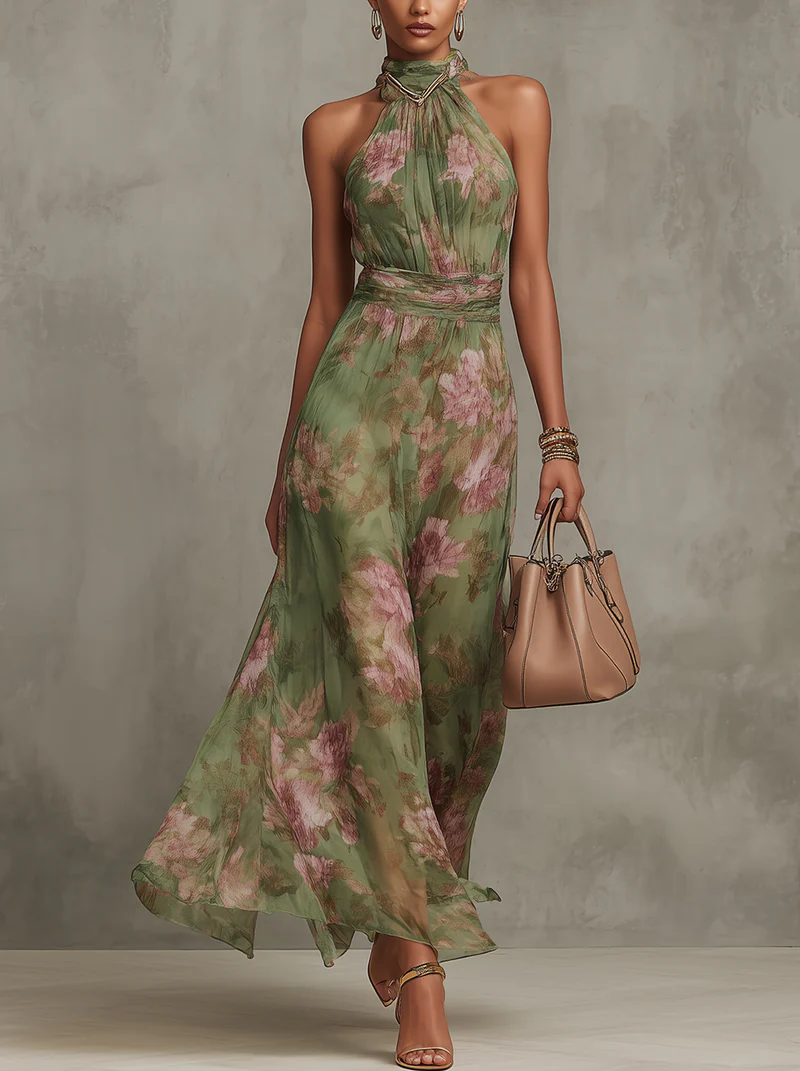 Women's Wedding Guest Floral Halter Maxi Dress