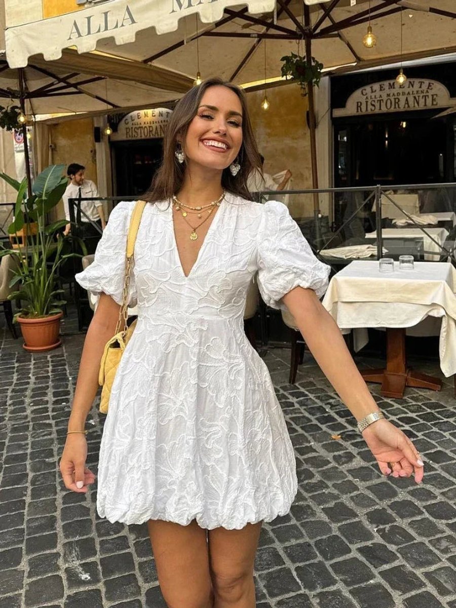 Ivy | Women's White Floral Textured Puff Sleeve Mini Party Dress