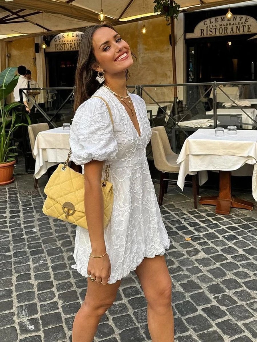 Ivy | Women's White Floral Textured Puff Sleeve Mini Party Dress