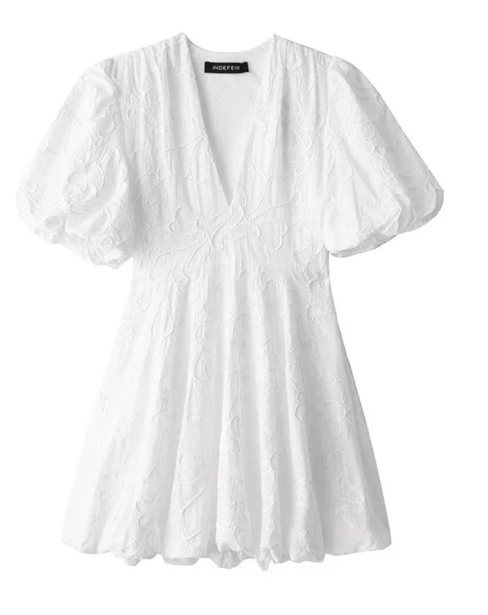 Ivy | Women's White Floral Textured Puff Sleeve Mini Party Dress