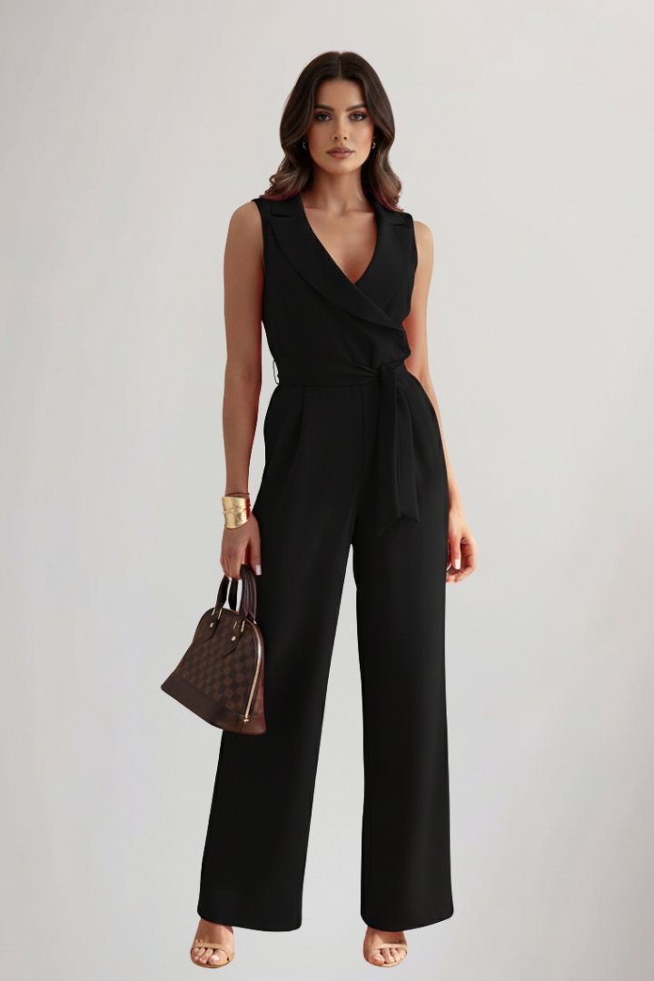 Mia | Women's Wide-Leg Blazer-Collar Tie-Waist Jumpsuit