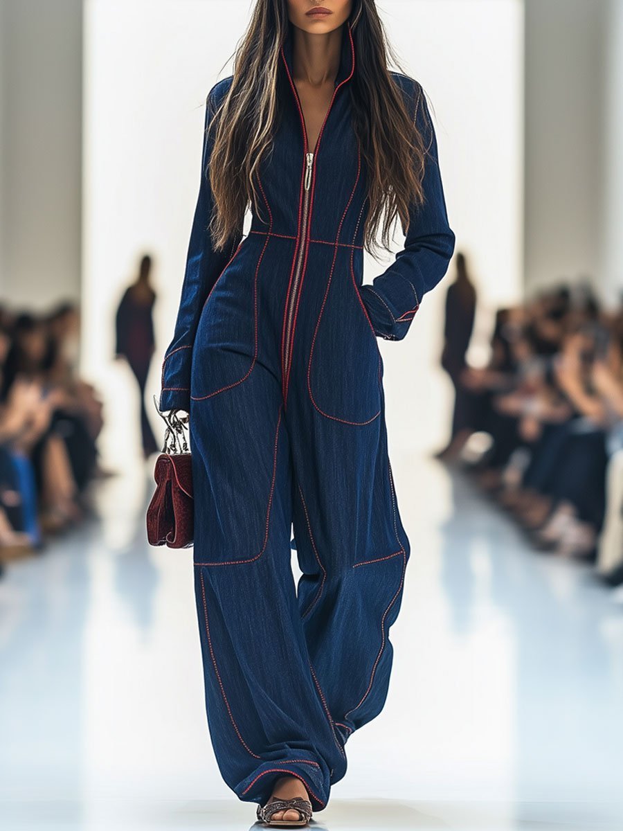 Emily | Women's Wide Leg Pants Denim Jumpsuit Long Sleeve Front Zip