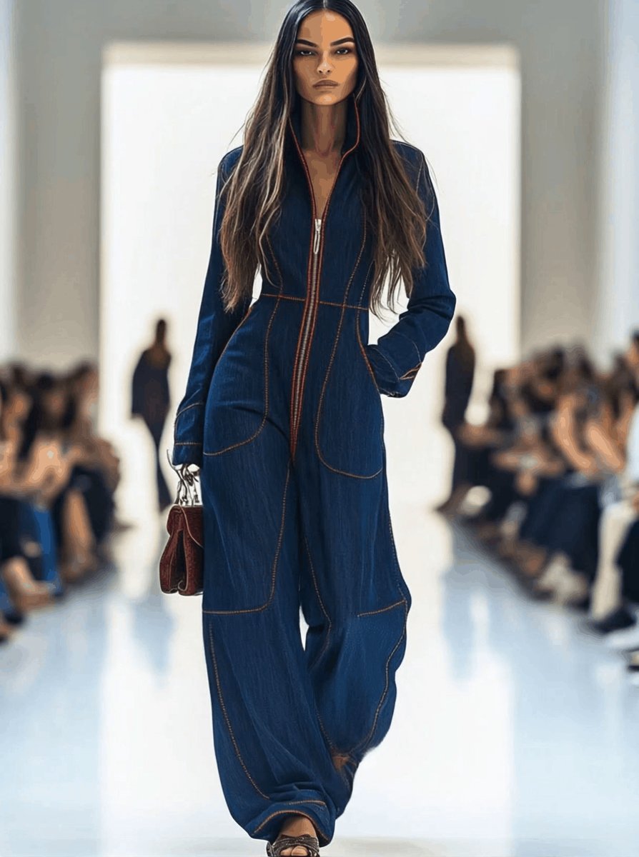 Emily | Women's Wide Leg Pants Denim Jumpsuit Long Sleeve Front Zip