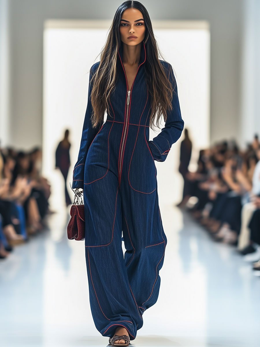 Emily | Women's Wide Leg Pants Denim Jumpsuit Long Sleeve Front Zip