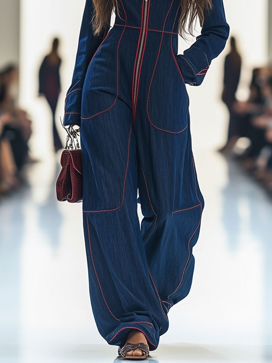 Emily | Women's Wide Leg Pants Denim Jumpsuit Long Sleeve Front Zip