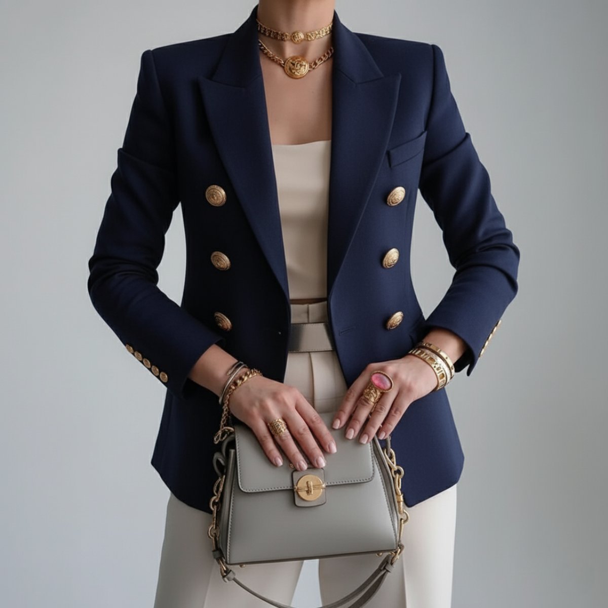 Emily | Women's Winter Coat Double-Breasted Blazer Gold Button Notch Lapel
