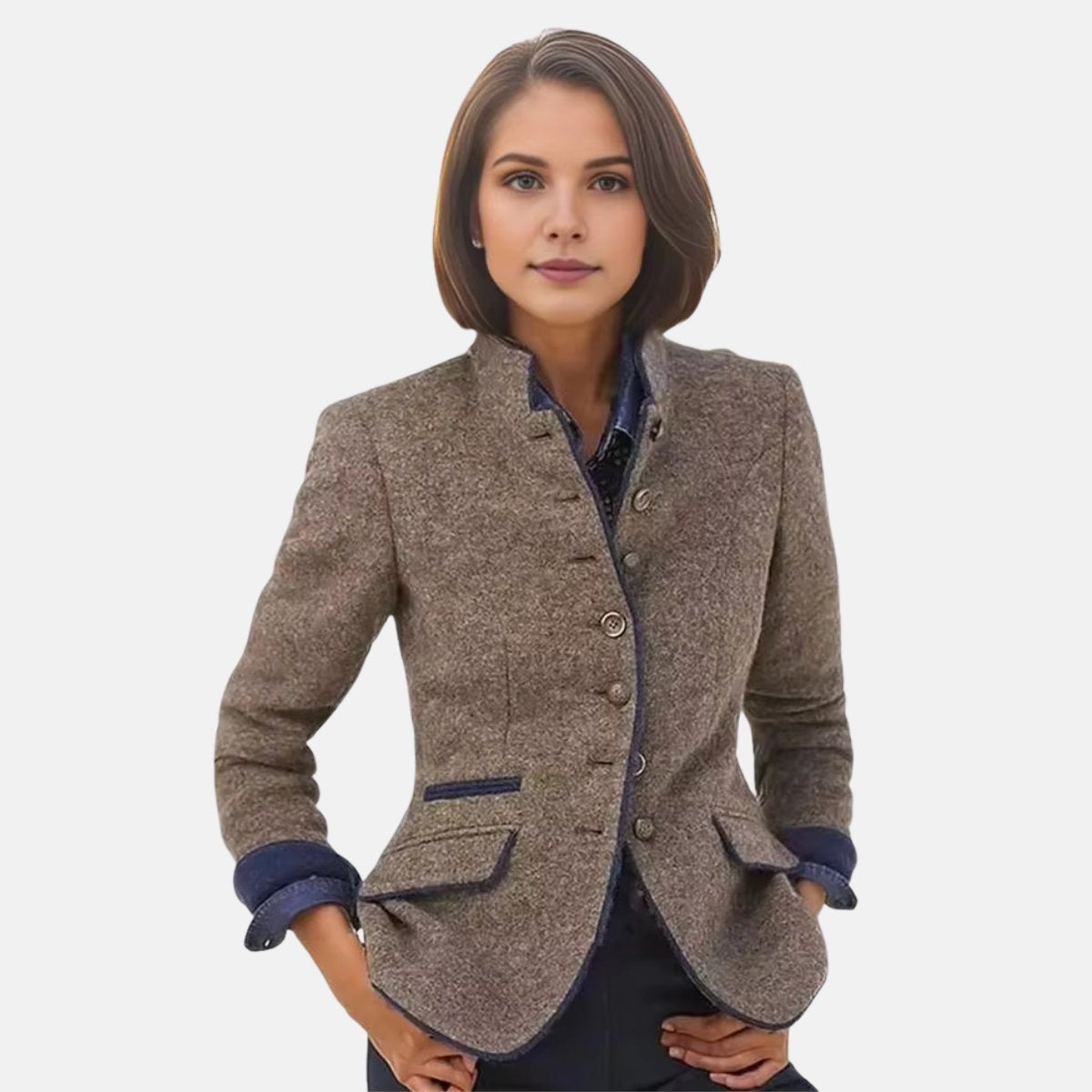 Freya | Women's Winter Coat Tweed Wool-Blend Stand-Collar Blazer Jacket
