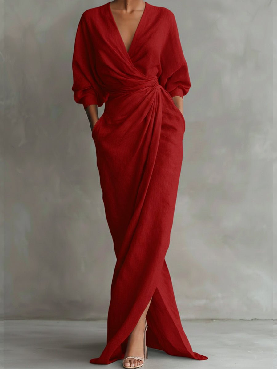 Freya | Women's Wrap Maxi Long Sleeve Dress V-Neck Draped