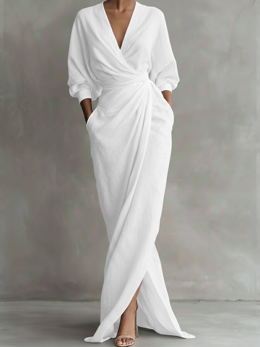 Freya | Women's Wrap Maxi Long Sleeve Dress V-Neck Draped