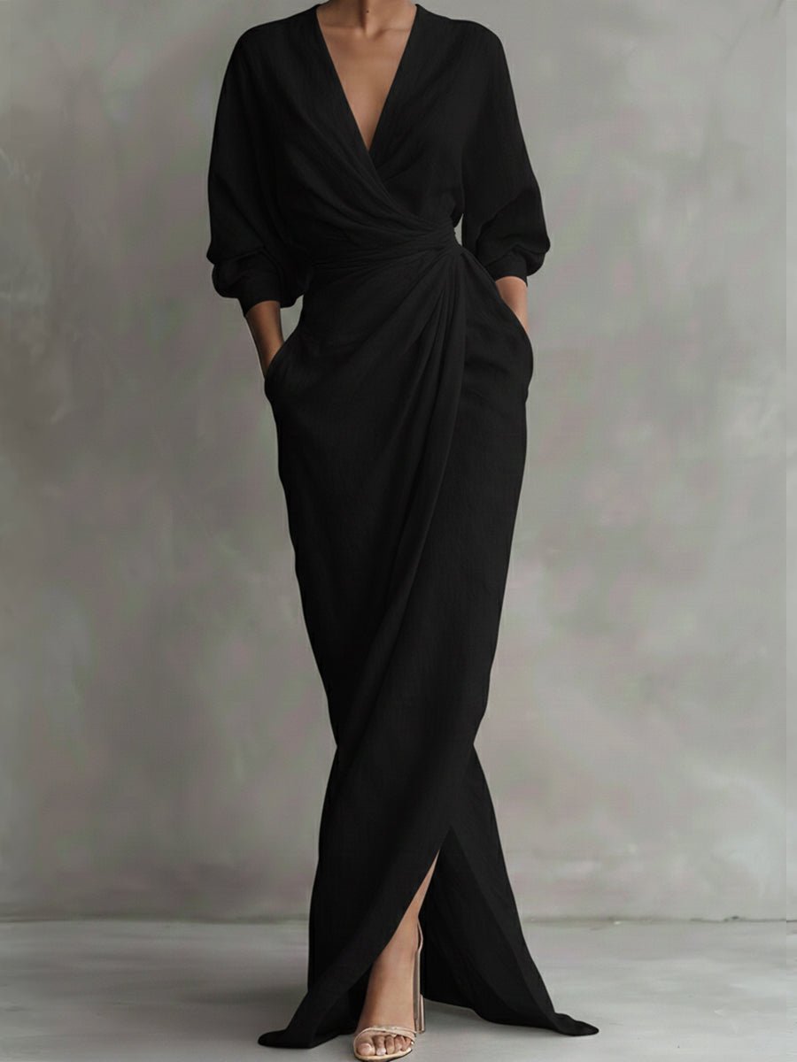 Freya | Women's Wrap Maxi Long Sleeve Dress V-Neck Draped
